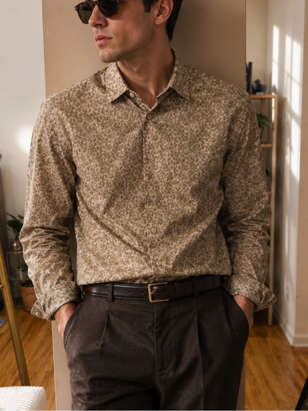 Perry Ellis Men's Casual Printed Button-Up Shirt - Beige Floral